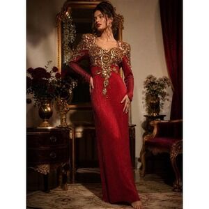 Vintage Niteline Red Silk Beaded Gown Maxi Dress Open Back Size 12 Glam Evening